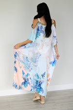Load image into Gallery viewer, Cold Shoulder Kaftan Dress, Floral Maxi Dress, Loose Long Kaftan, Tropical Dress
