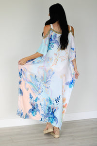 Cold Shoulder Kaftan Dress, Floral Maxi Dress, Loose Long Kaftan, Tropical Dress