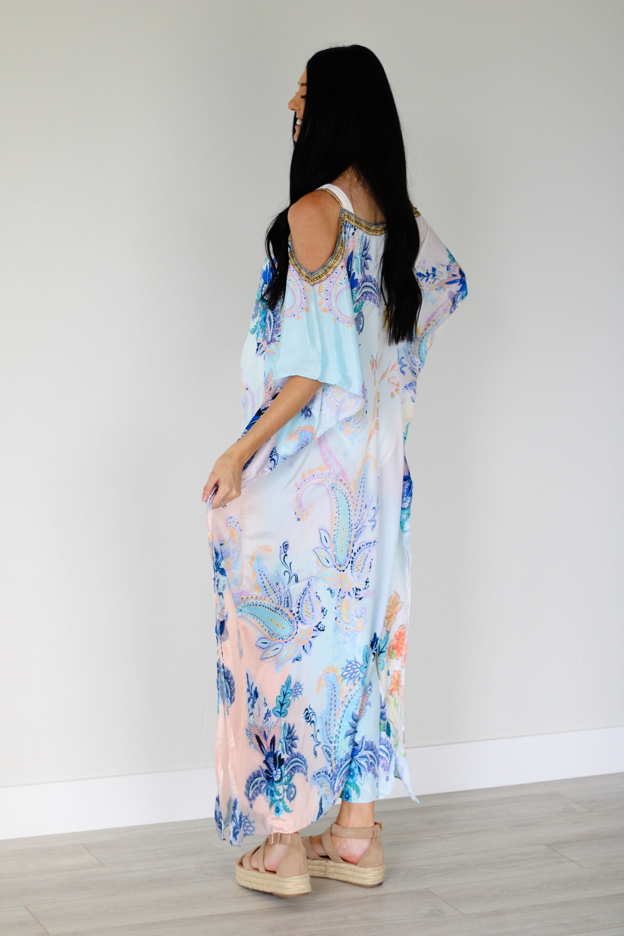 Cold Shoulder Kaftan Dress, Floral Maxi Dress, Loose Long Kaftan, Tropical Dress