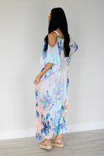 Load image into Gallery viewer, Cold Shoulder Kaftan Dress, Floral Maxi Dress, Loose Long Kaftan, Tropical Dress
