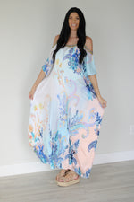 Load image into Gallery viewer, Cold Shoulder Kaftan Dress, Floral Maxi Dress, Loose Long Kaftan, Tropical Dress
