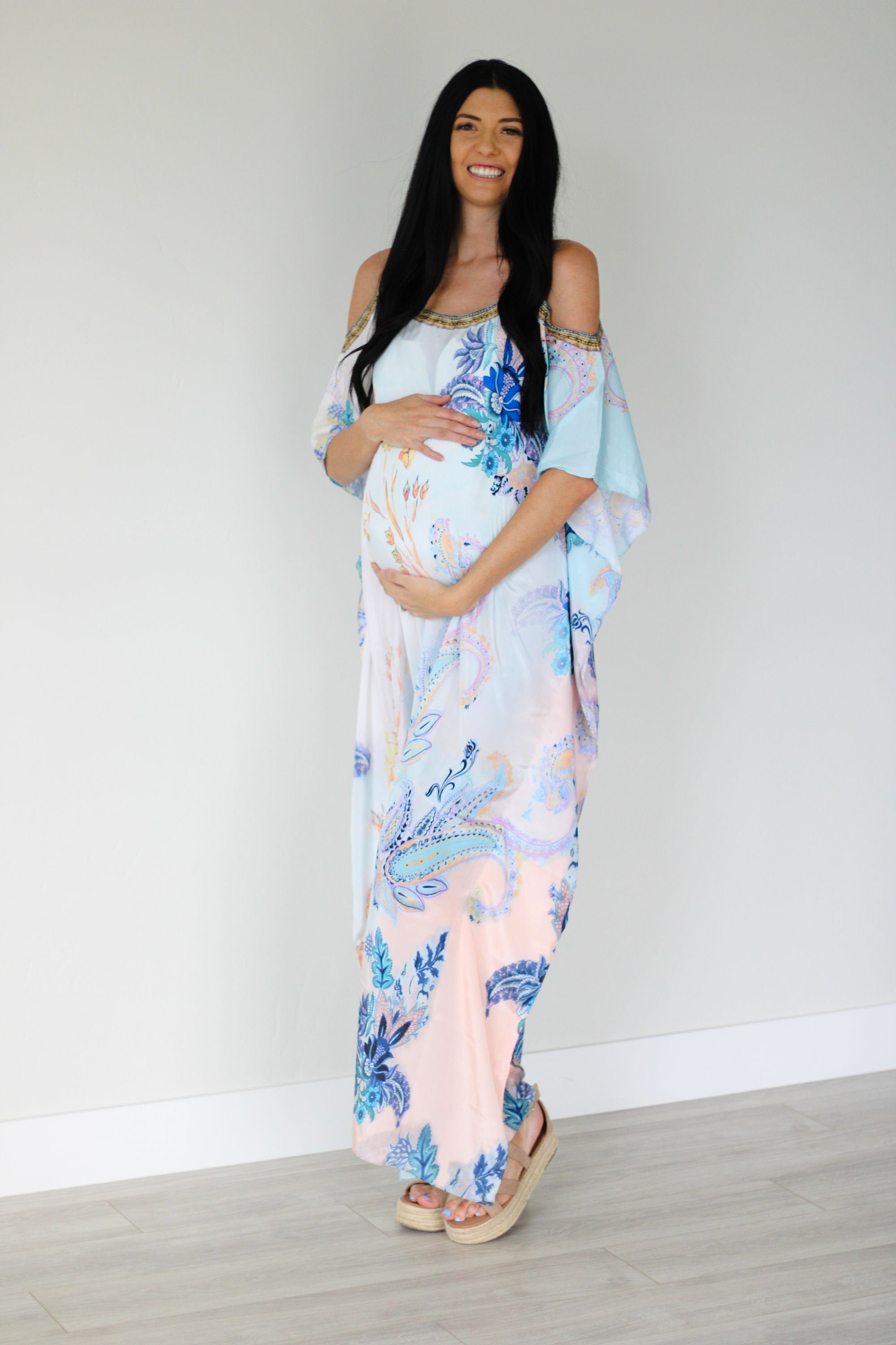Cold Shoulder Kaftan Dress, Floral Maxi Dress, Loose Long Kaftan, Tropical Dress
