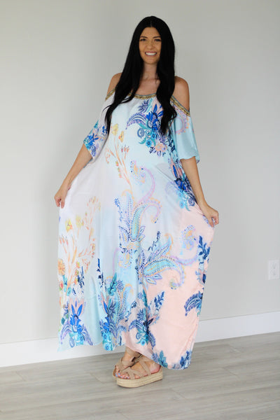 Cold Shoulder Kaftan Dress, Floral Maxi Dress, Loose Long Kaftan, Tropical Dress