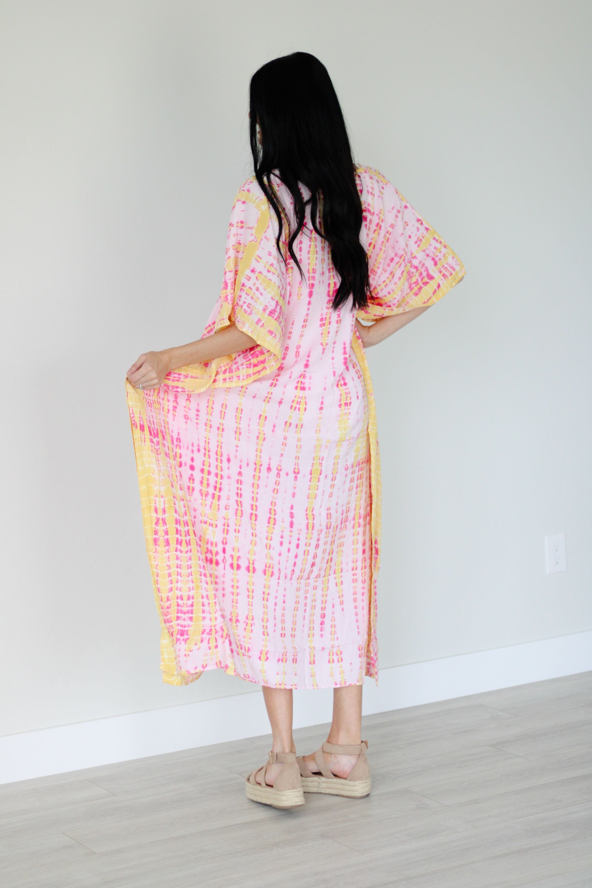 Pink and Yellow Tie Dyed Kaftan, long Maxi Dress, Plus Size Kaftan, Kaftan for Women