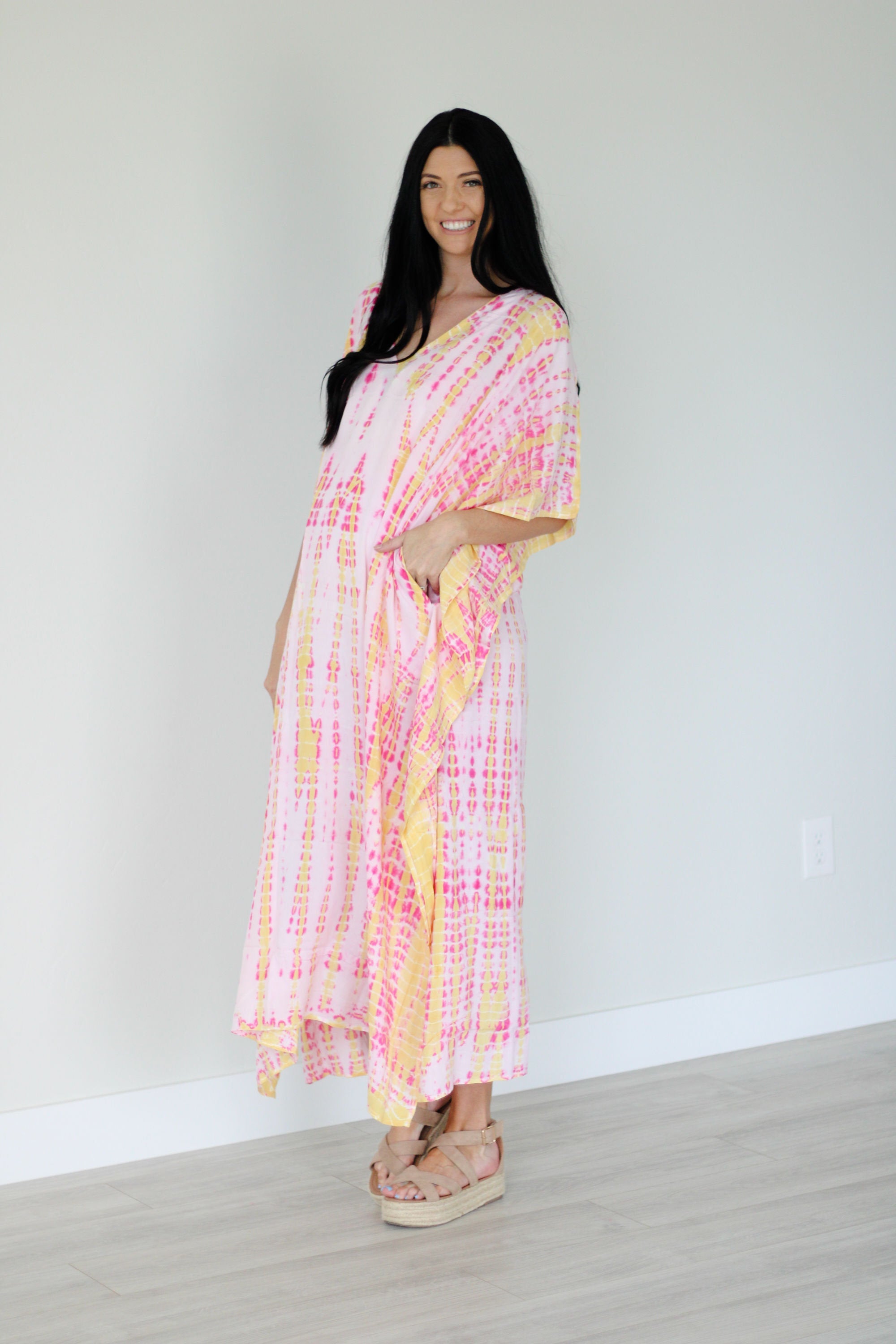 Pink and Yellow Tie Dyed Kaftan, long Maxi Dress, Plus Size Kaftan, Kaftan for Women