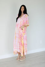 Load image into Gallery viewer, Pink and Yellow Tie Dyed Kaftan, long Maxi Dress, Plus Size Kaftan, Kaftan for Women
