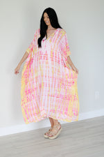 Load image into Gallery viewer, Pink and Yellow Tie Dyed Kaftan, long Maxi Dress, Plus Size Kaftan, Kaftan for Women
