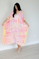 Load image into Gallery viewer, Pink and Yellow Tie Dyed Kaftan, long Maxi Dress, Plus Size Kaftan, Kaftan for Women
