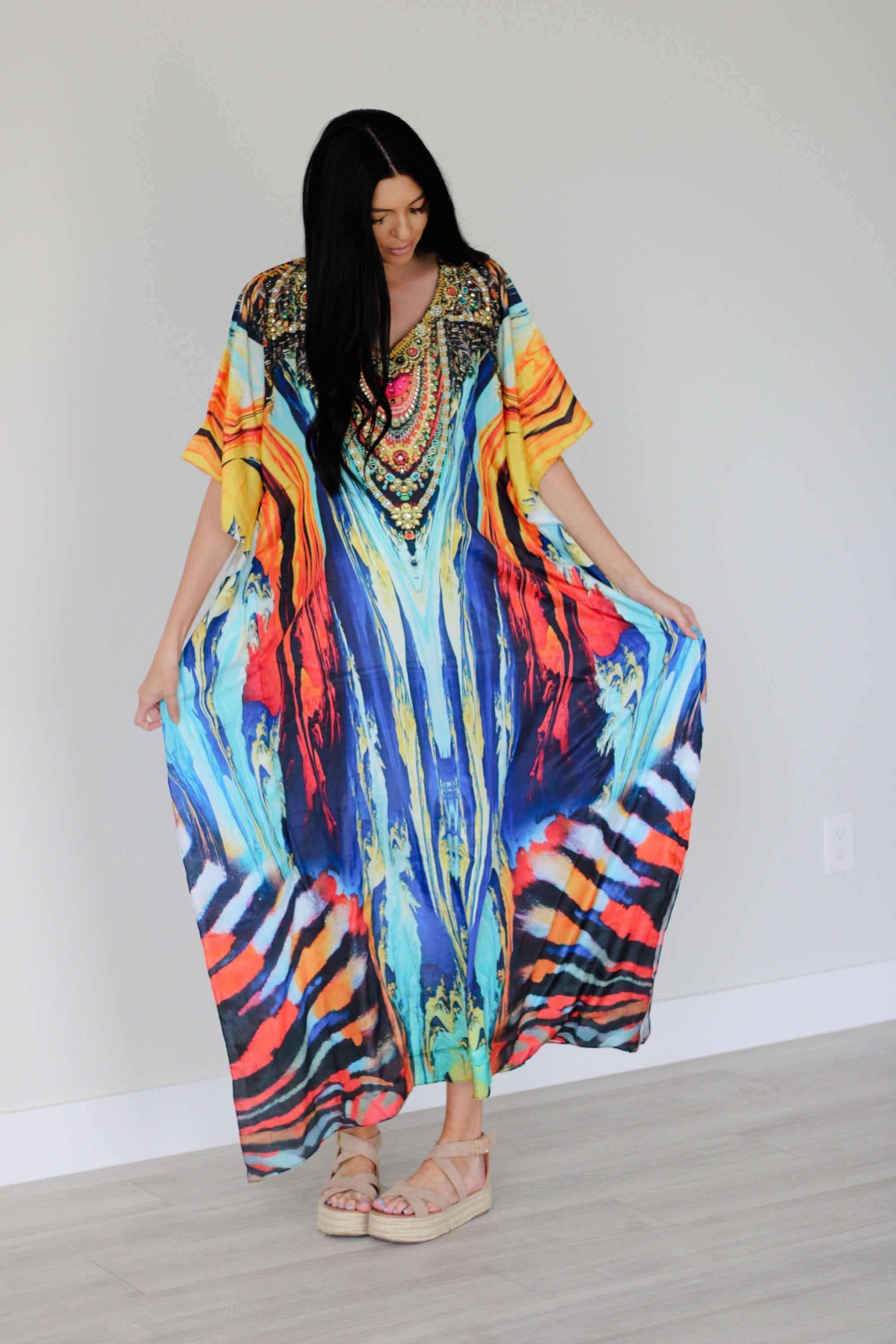 Watercolor Caftan Dress, Plus Size Kaftan Dress, Tribal Maxi Dress, House Lounge Kaftan