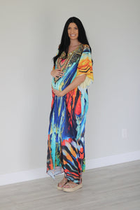 Watercolor Caftan Dress, Plus Size Kaftan Dress, Tribal Maxi Dress, House Lounge Kaftan