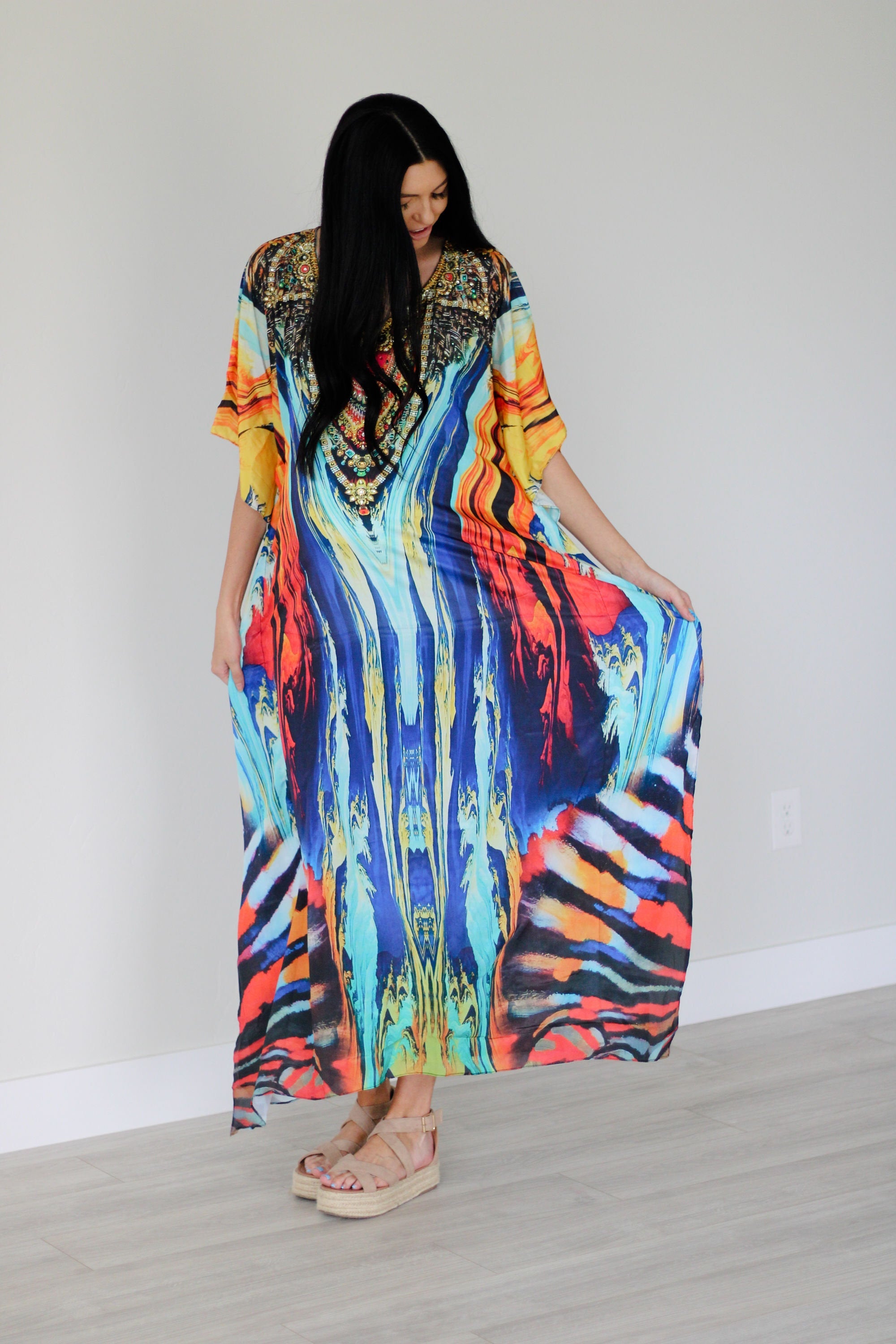 Watercolor Caftan Dress, Plus Size Kaftan Dress, Tribal Maxi Dress, House Lounge Kaftan