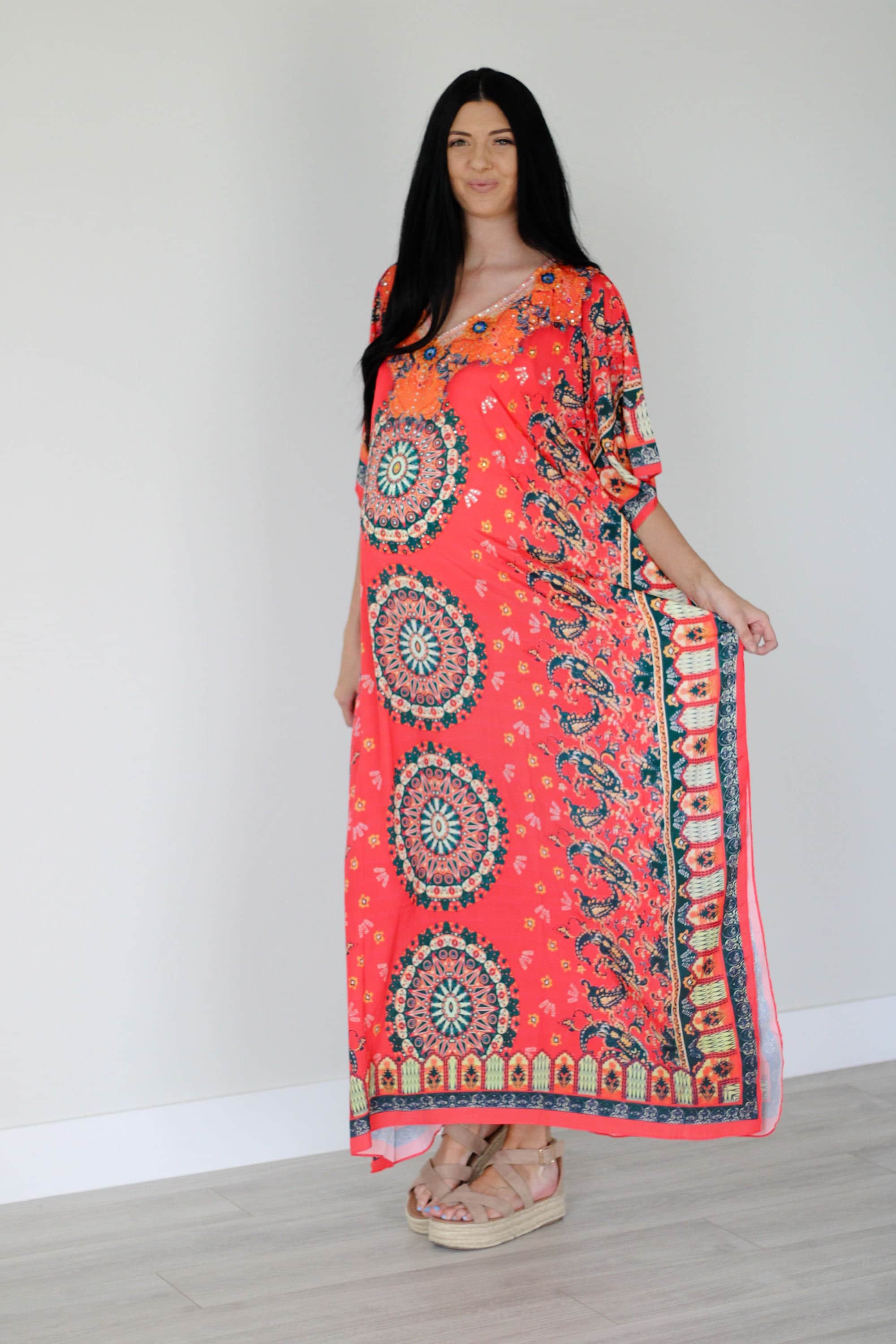 Mexican Kaftan Dress, Summer Caftan For Women, Loose Maxi Dress, Silk Abaya Dress