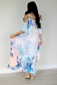 Cold Shoulder Kaftan Dress, Floral Maxi Dress, Loose Long Kaftan, Tropical Dress