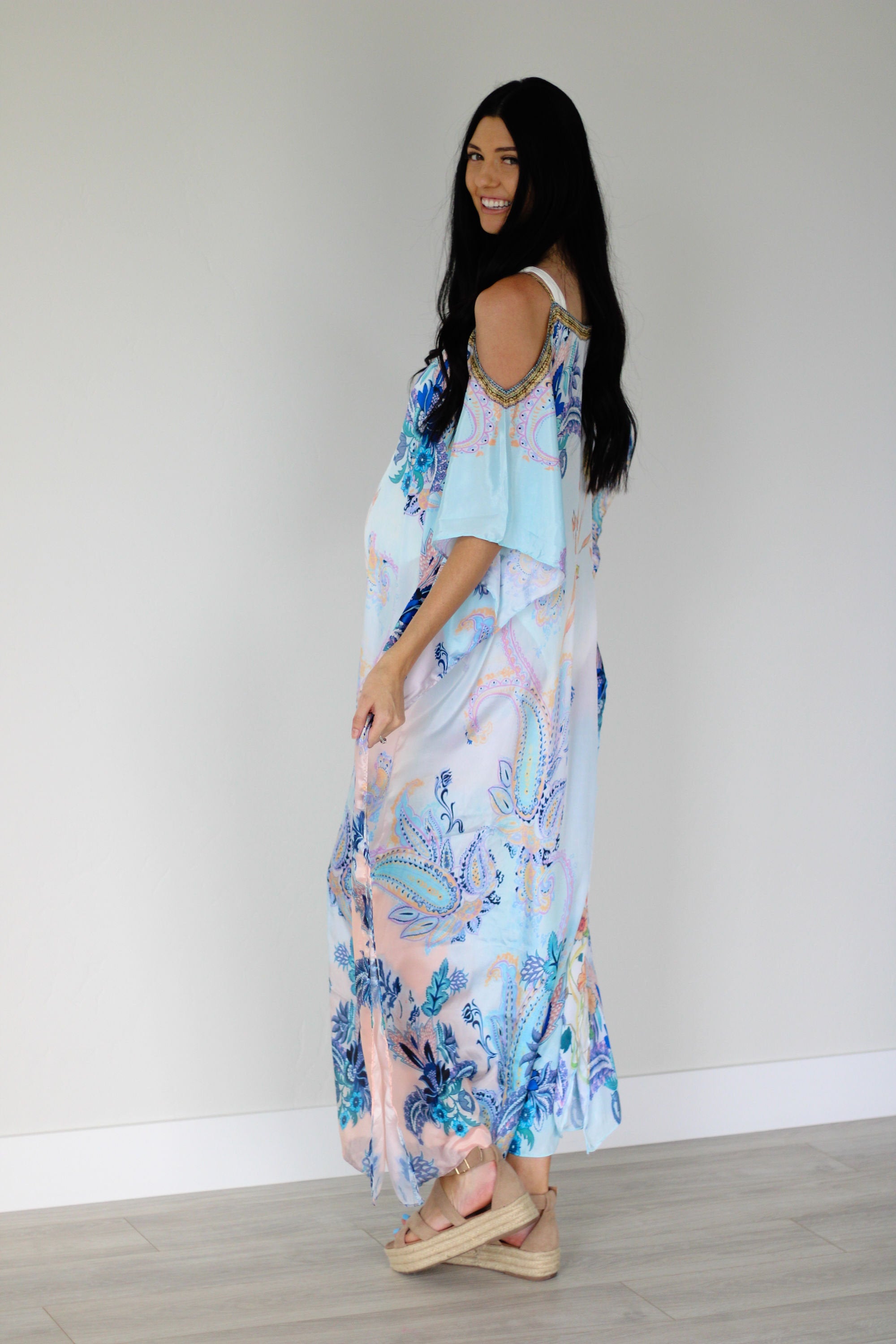 Cold Shoulder Kaftan Dress, Floral Maxi Dress, Loose Long Kaftan, Tropical Dress