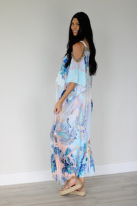 Cold Shoulder Kaftan Dress, Floral Maxi Dress, Loose Long Kaftan, Tropical Dress