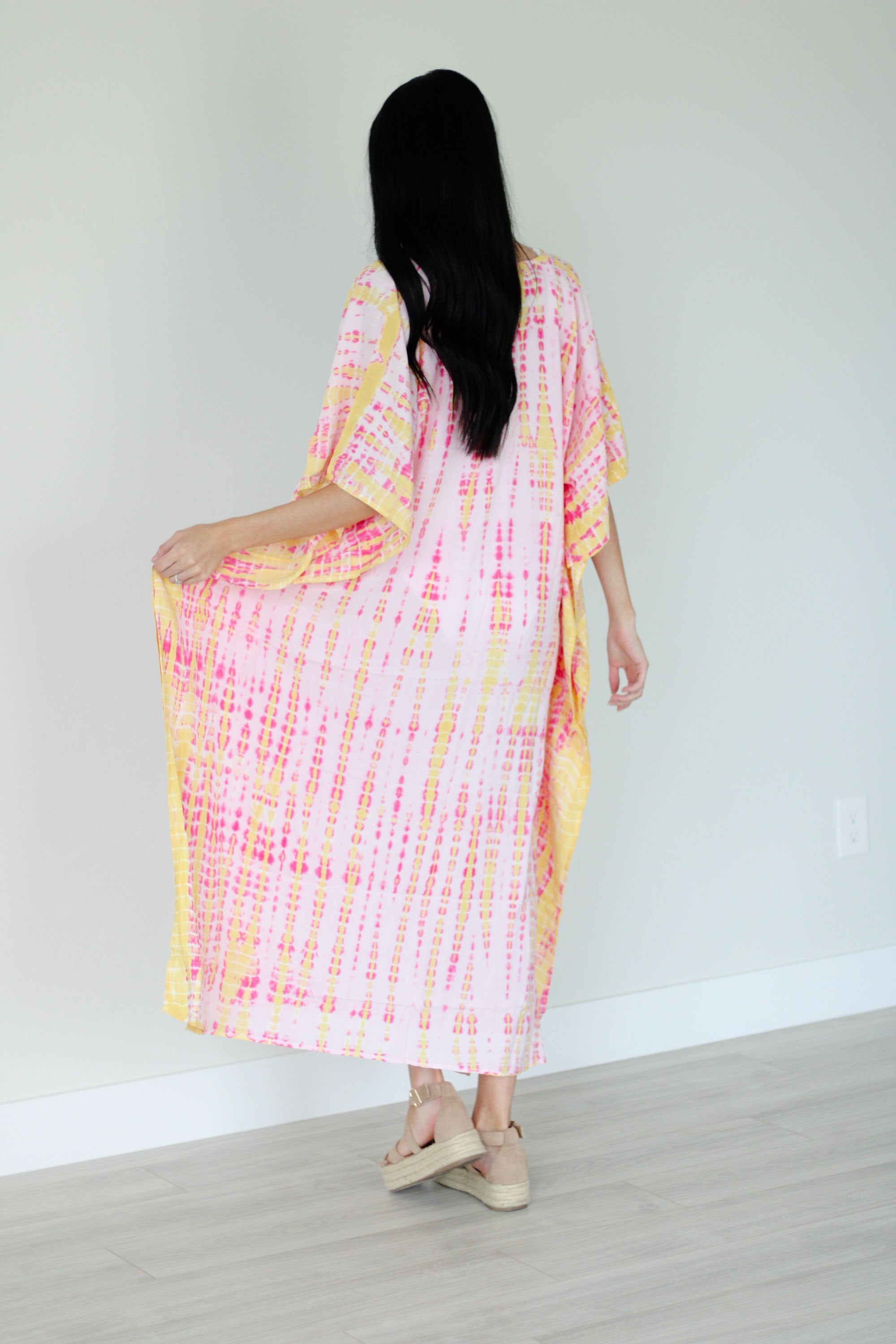 Pink and Yellow Tie Dyed Kaftan, long Maxi Dress, Plus Size Kaftan, Kaftan for Women