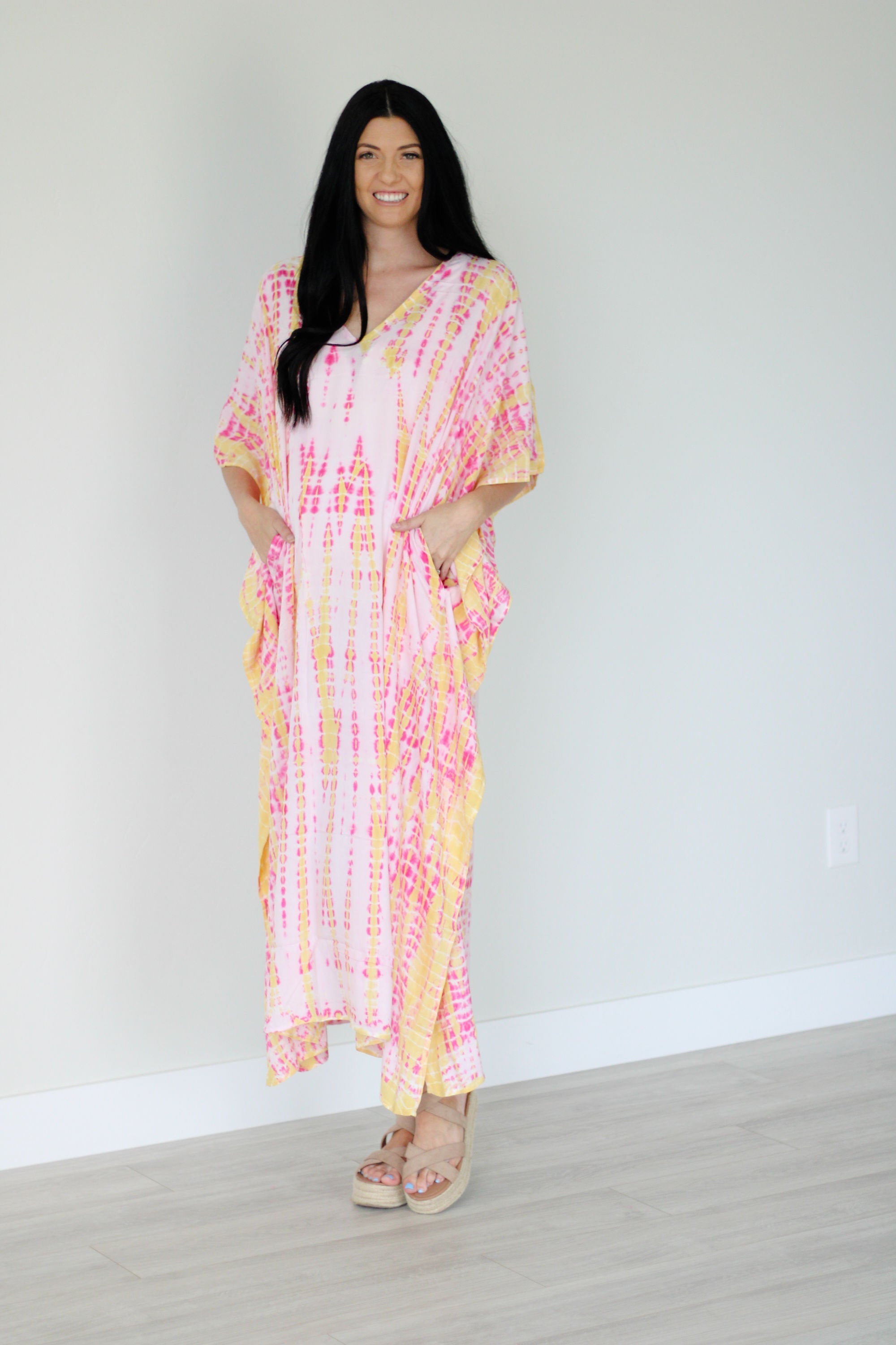 Pink and Yellow Tie Dyed Kaftan, long Maxi Dress, Plus Size Kaftan, Kaftan for Women