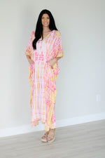 Load image into Gallery viewer, Pink and Yellow Tie Dyed Kaftan, long Maxi Dress, Plus Size Kaftan, Kaftan for Women
