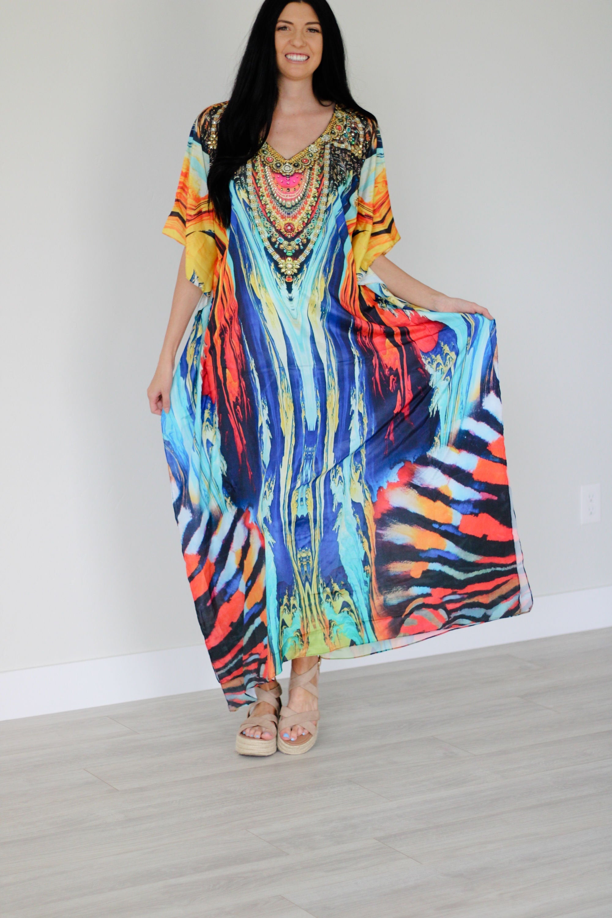 Watercolor Caftan Dress, Plus Size Kaftan Dress, Tribal Maxi Dress, House Lounge Kaftan
