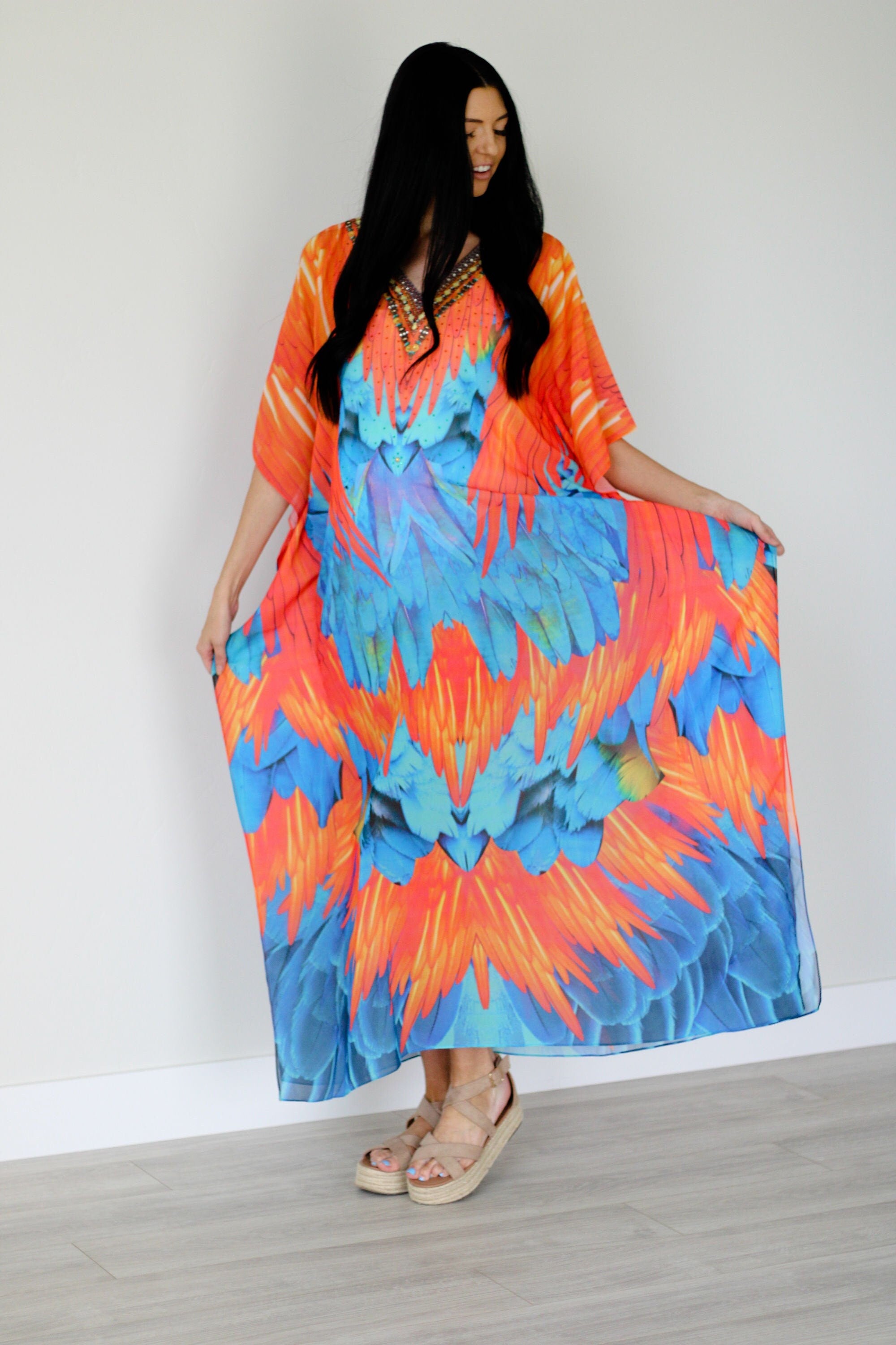 Tribal Kaftan Dress, Feather Caftan Dress, Plus Size Kaftan For Women, Boho Maxi Dress